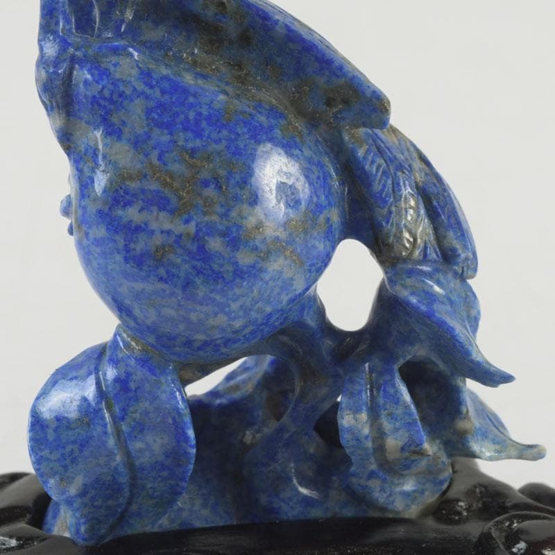 中国　玉石青晶石彫刻　双鶴刻　置物　唐木台付　V　9996