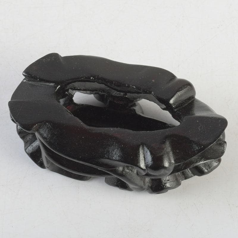 中国　玉石青晶石彫刻　双鶴刻　置物　唐木台付　V　9996