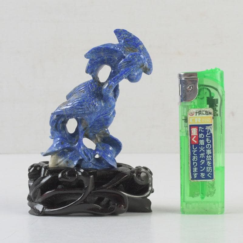 中国　玉石青晶石彫刻　双鶴刻　置物　唐木台付　V　9996