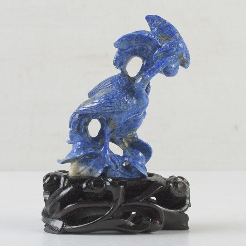 中国　玉石青晶石彫刻　双鶴刻　置物　唐木台付　V　9996