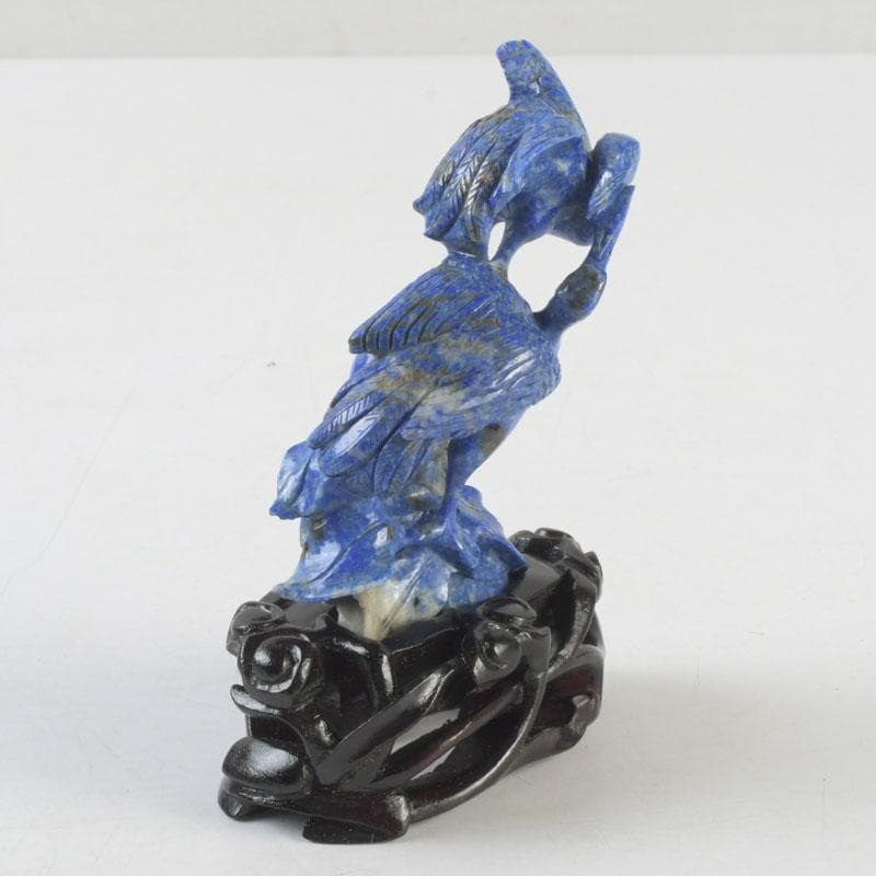 中国　玉石青晶石彫刻　双鶴刻　置物　唐木台付　V　9996