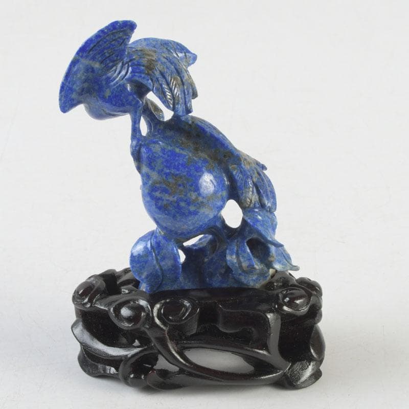 中国　玉石青晶石彫刻　双鶴刻　置物　唐木台付　V　9996