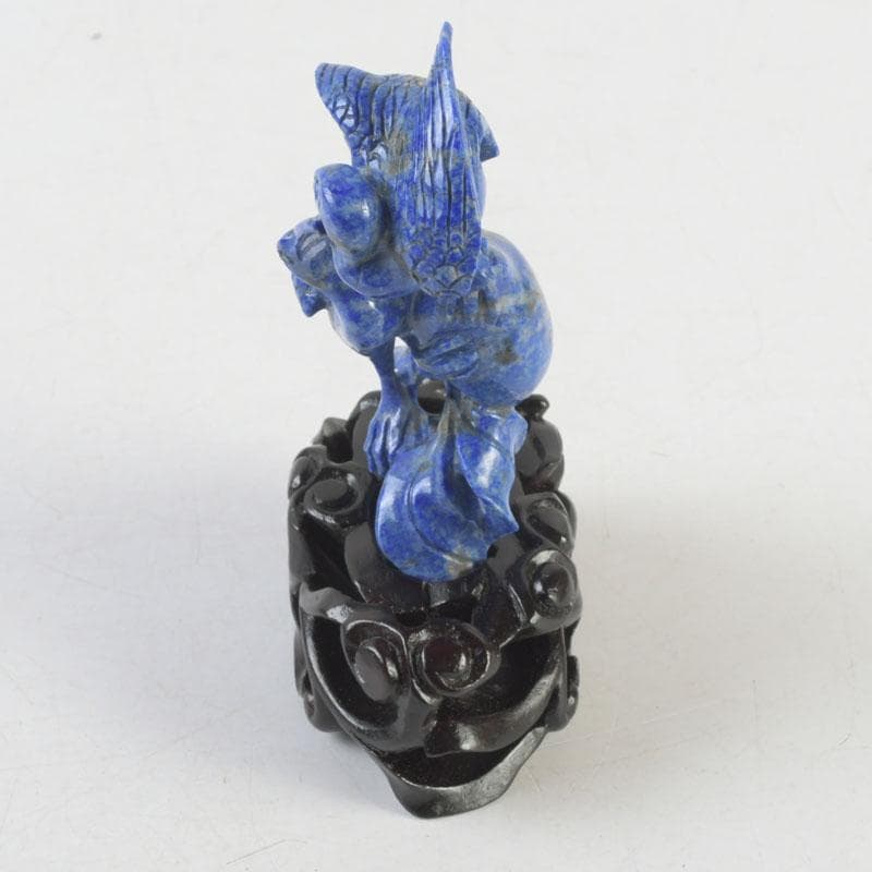中国　玉石青晶石彫刻　双鶴刻　置物　唐木台付　V　9996