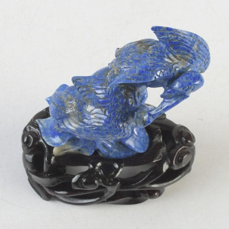中国　玉石青晶石彫刻　双鶴刻　置物　唐木台付　V　9996