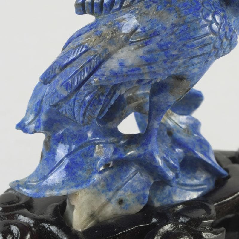 中国　玉石青晶石彫刻　双鶴刻　置物　唐木台付　V　9996