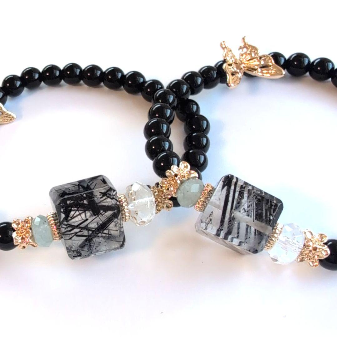 天然石ブレスレット ブラックトルマリンルチルキューブ&モリオン