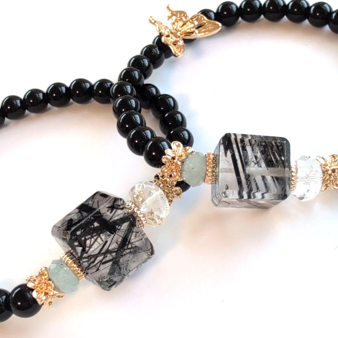 天然石ブレスレット ブラックトルマリンルチルキューブ&モリオン
