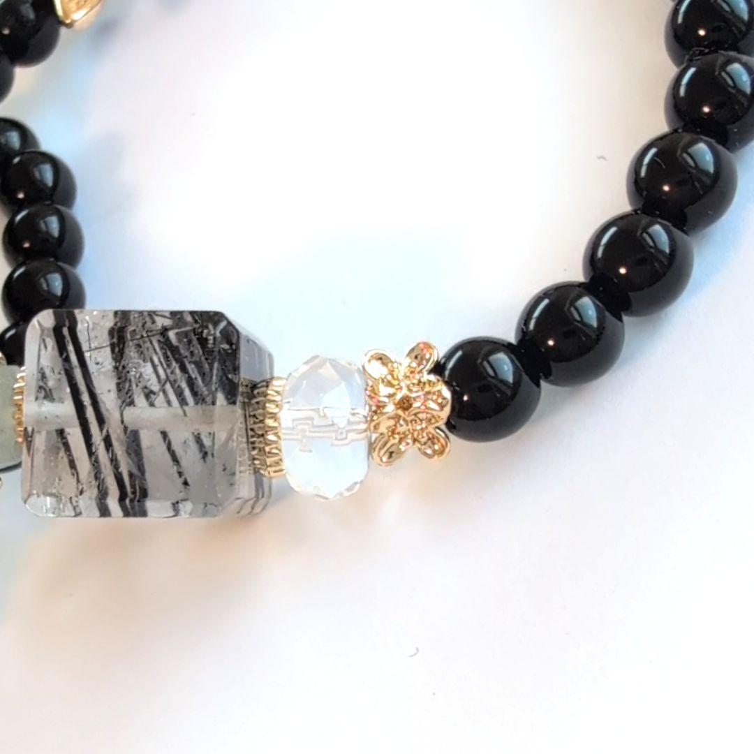 天然石ブレスレット ブラックトルマリンルチルキューブ&モリオン