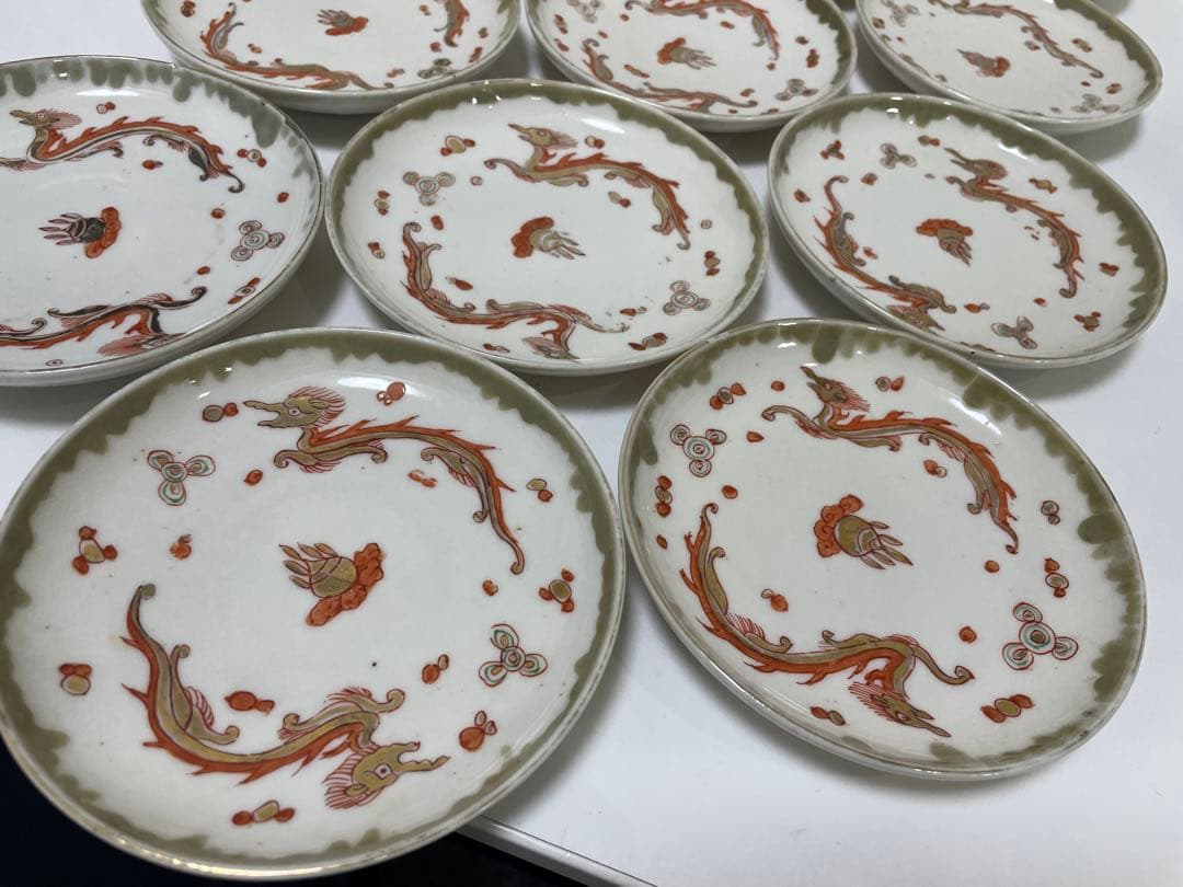 【現状品】古伊万里 白磁 金彩 赤 朱絵 龍 小皿 アンティーク 時代物 13枚