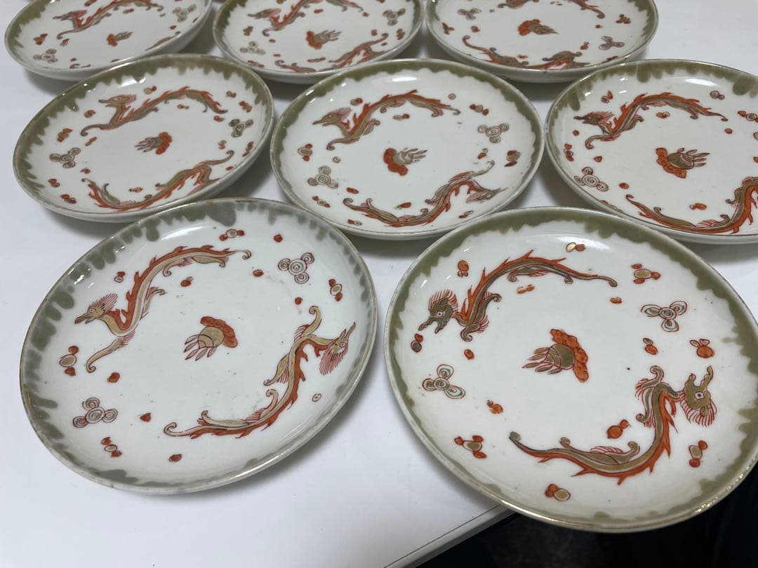 【現状品】古伊万里 白磁 金彩 赤 朱絵 龍 小皿 アンティーク 時代物 13枚