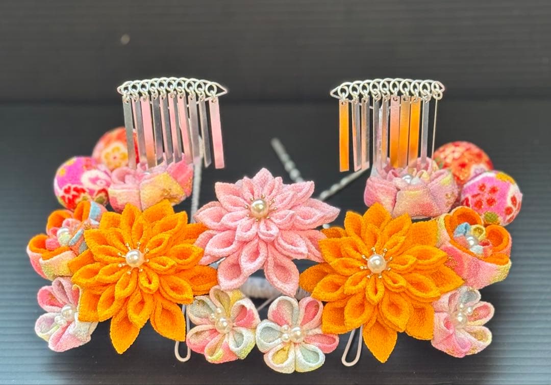 七五三髪飾りセット つまみ細工 7歳 パステルカラー 山吹色×桜色 7-18