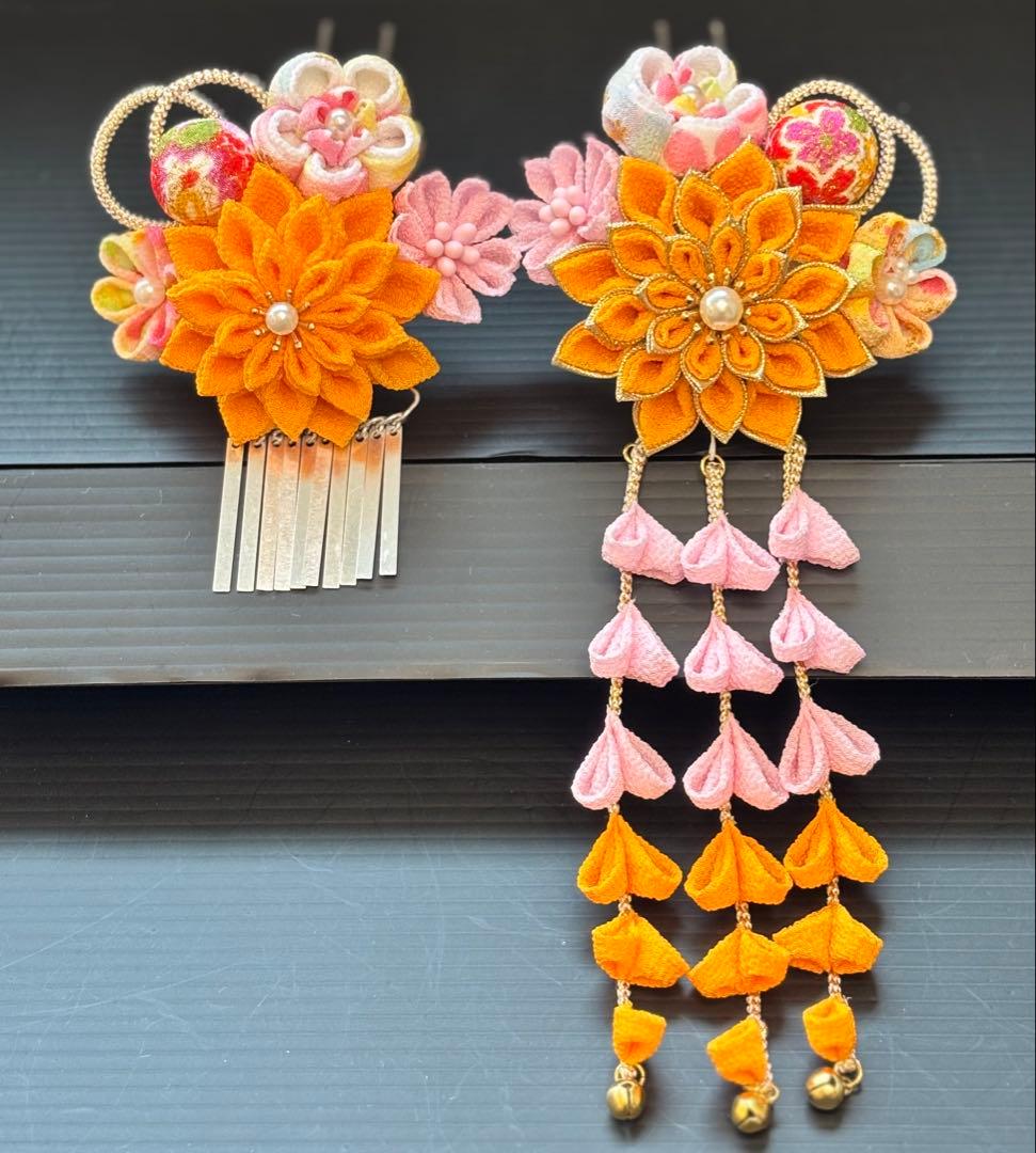 七五三髪飾りセット つまみ細工 7歳 パステルカラー 山吹色×桜色 7-18