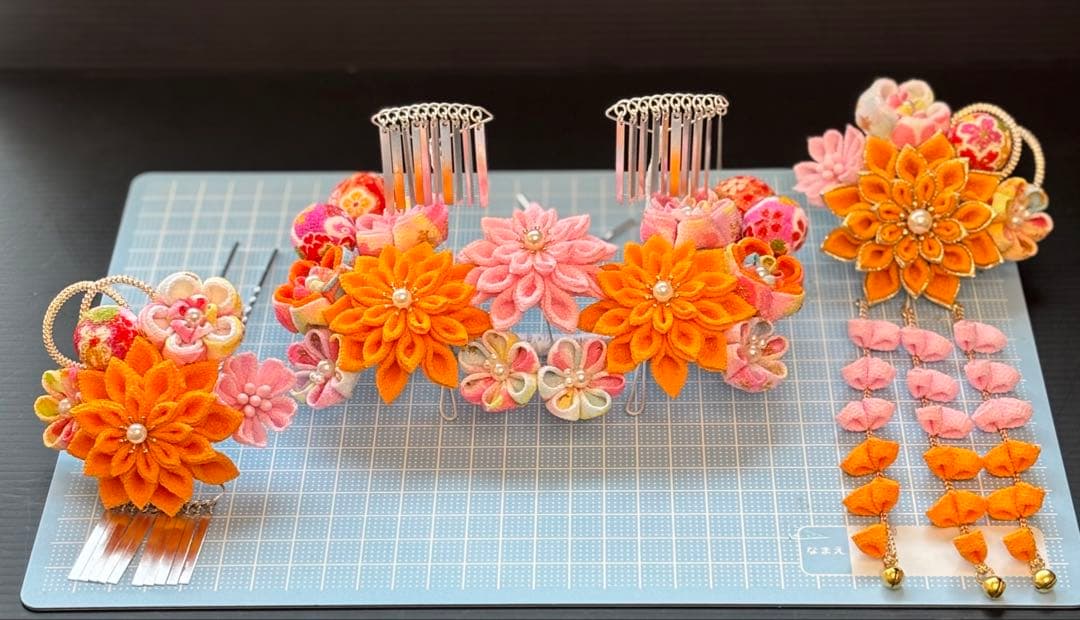 七五三髪飾りセット つまみ細工 7歳 パステルカラー 山吹色×桜色 7-18