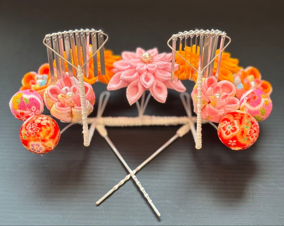 七五三髪飾りセット つまみ細工 7歳 パステルカラー 山吹色×桜色 7-18