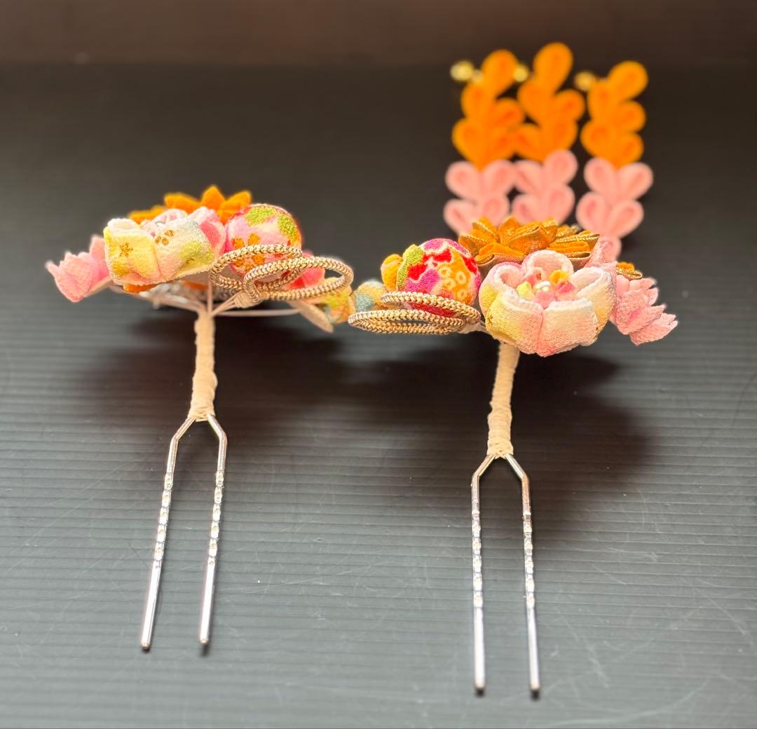 七五三髪飾りセット つまみ細工 7歳 パステルカラー 山吹色×桜色 7-18