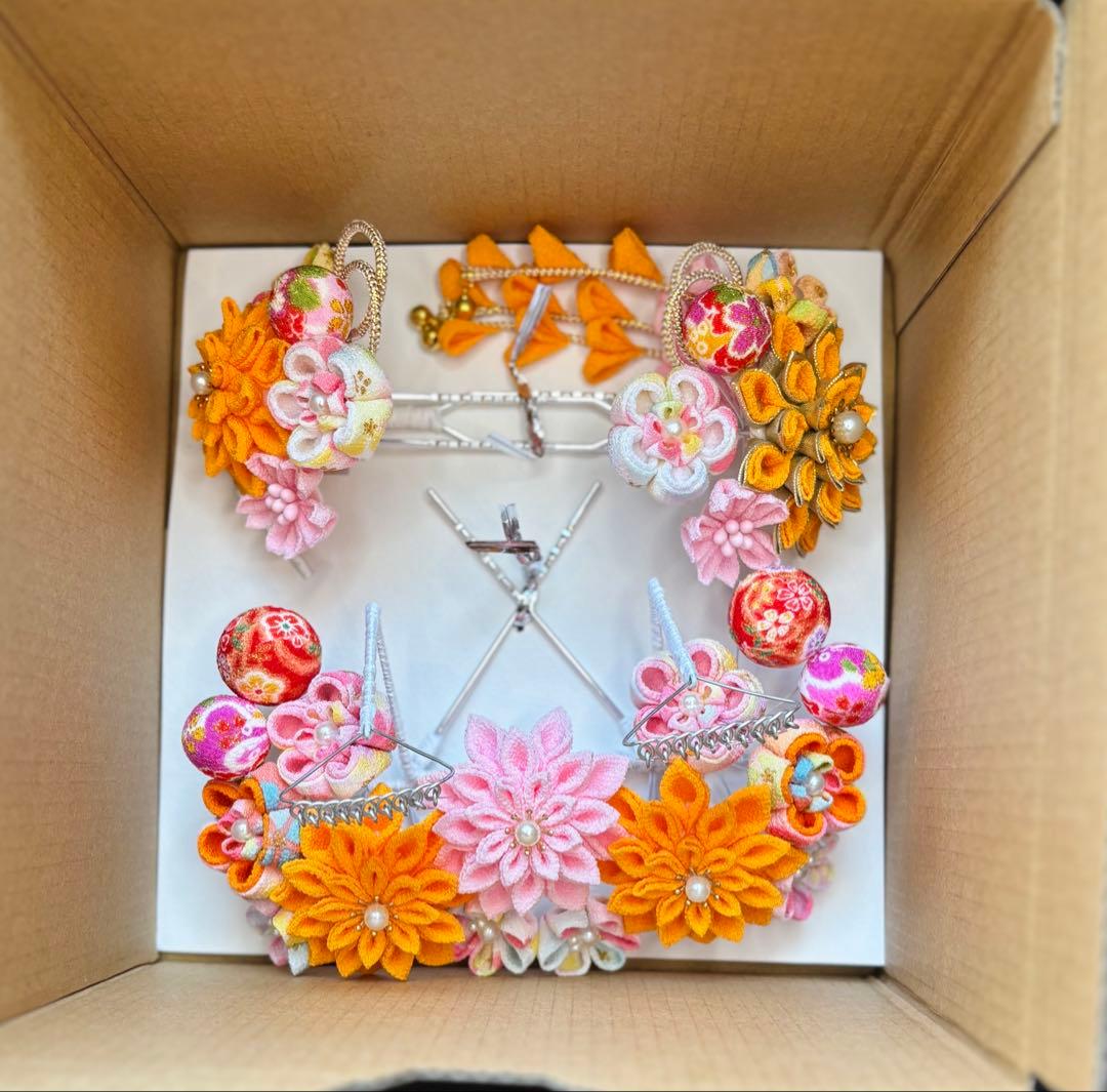 七五三髪飾りセット つまみ細工 7歳 パステルカラー 山吹色×桜色 7-18