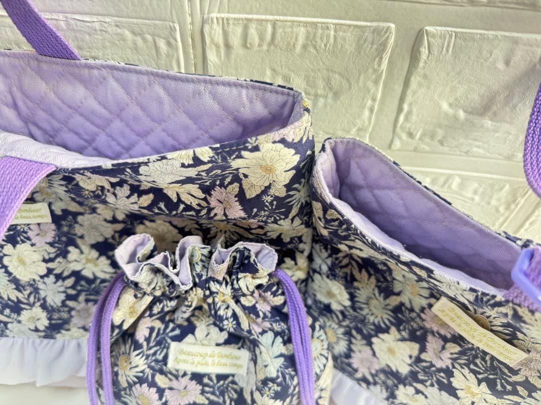 お花　ネイビー　入園入学　レッスンバッグ　巾着　シューズ　上履き　体操着　給食