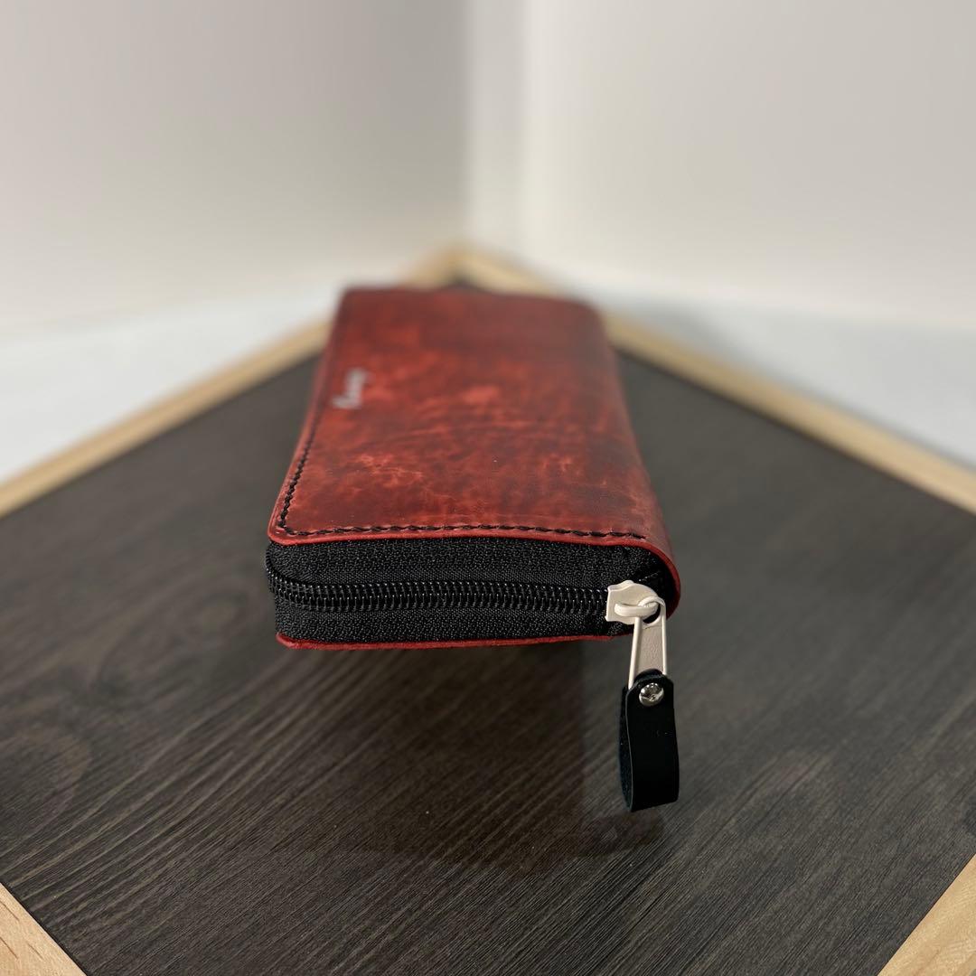 本革 ラウンドファスナー長財布 ラウンドジップ長財布 ハンドメイド 赤 黒