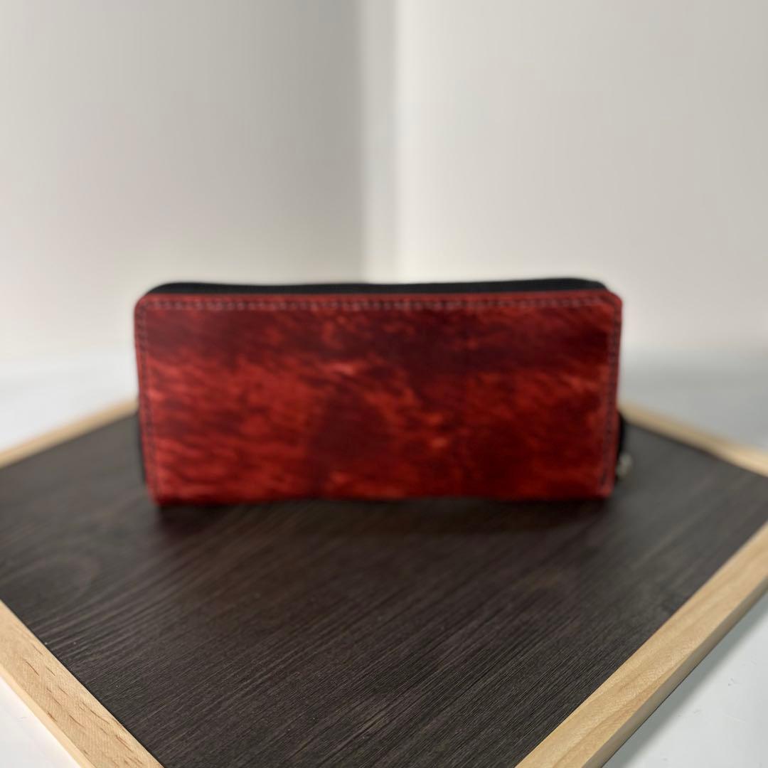 本革 ラウンドファスナー長財布 ラウンドジップ長財布 ハンドメイド 赤 黒