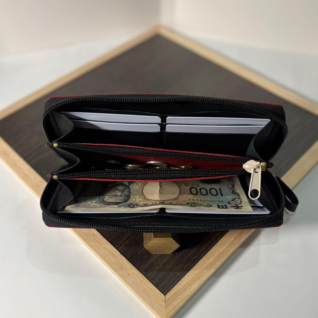 本革 ラウンドファスナー長財布 ラウンドジップ長財布 ハンドメイド 赤 黒