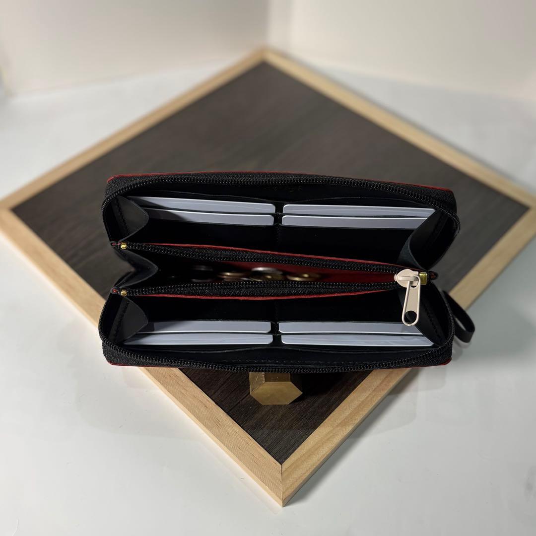 本革 ラウンドファスナー長財布 ラウンドジップ長財布 ハンドメイド 赤 黒