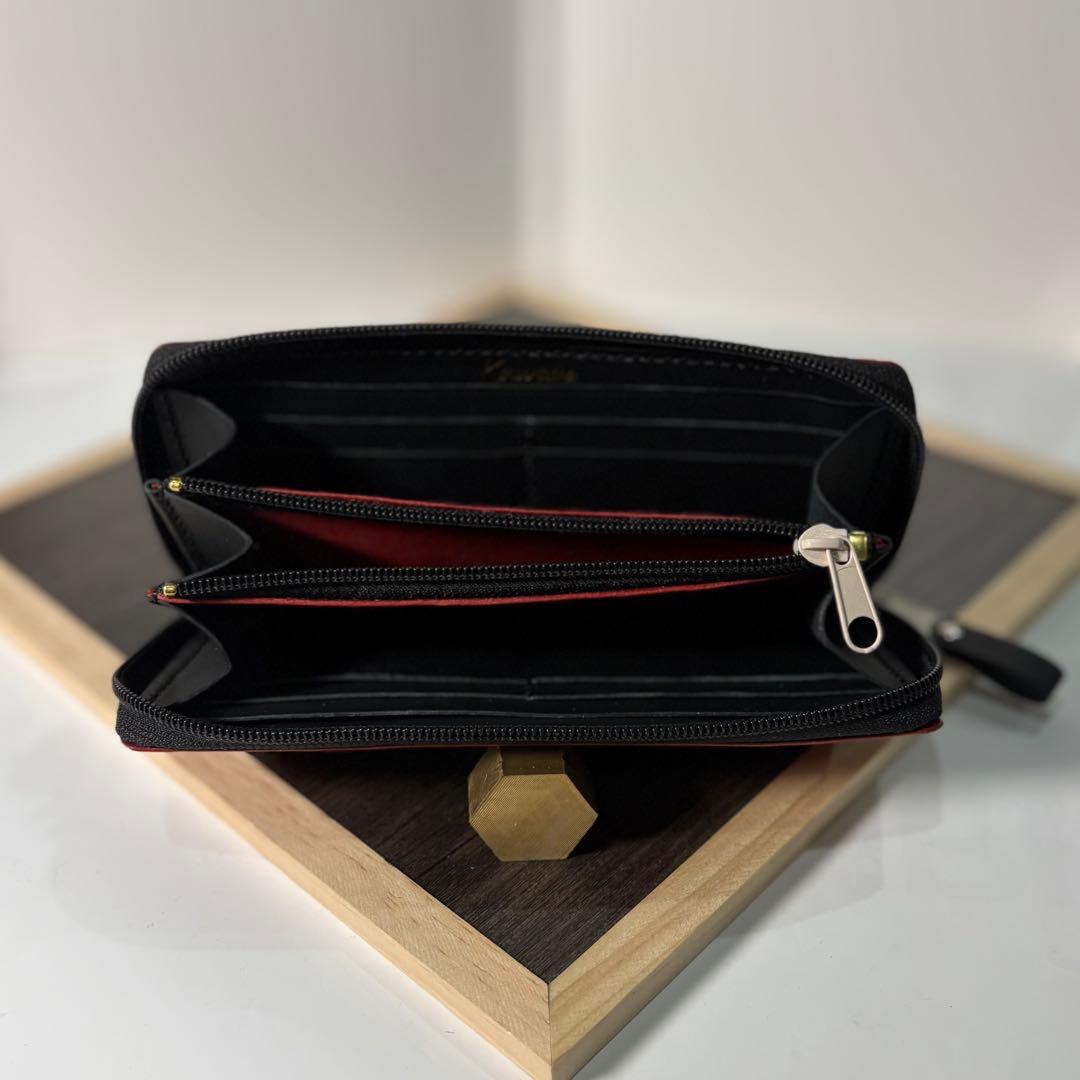 本革 ラウンドファスナー長財布 ラウンドジップ長財布 ハンドメイド 赤 黒