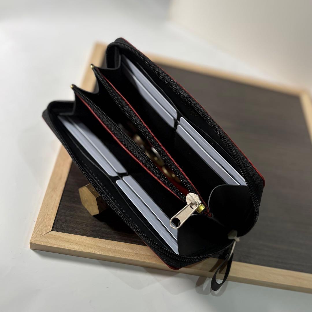 本革 ラウンドファスナー長財布 ラウンドジップ長財布 ハンドメイド 赤 黒