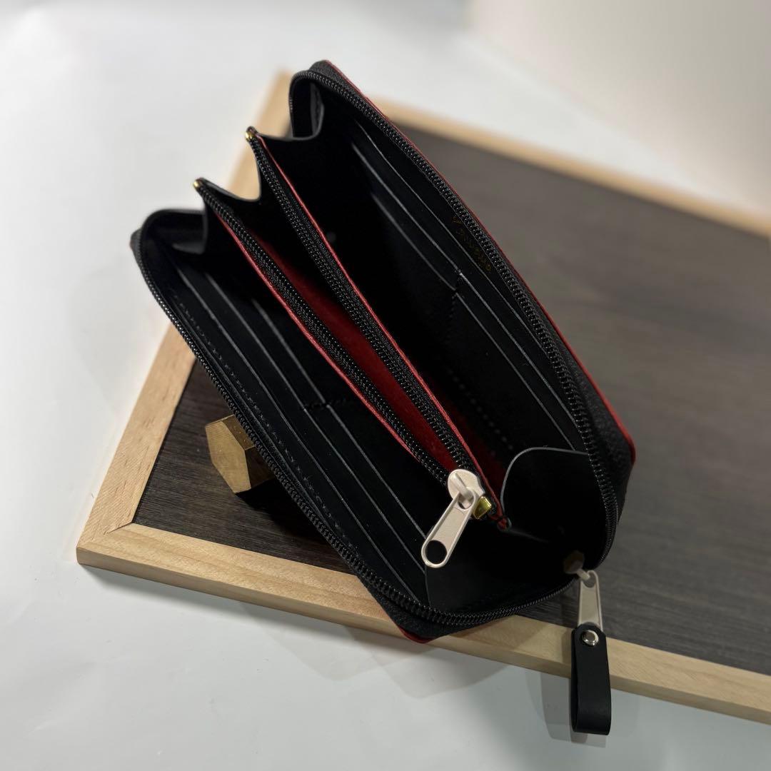 本革 ラウンドファスナー長財布 ラウンドジップ長財布 ハンドメイド 赤 黒