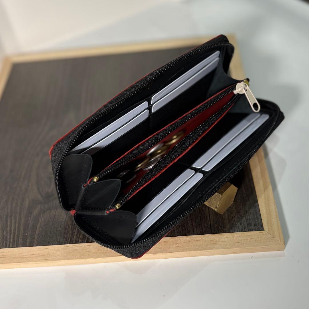 本革 ラウンドファスナー長財布 ラウンドジップ長財布 ハンドメイド 赤 黒
