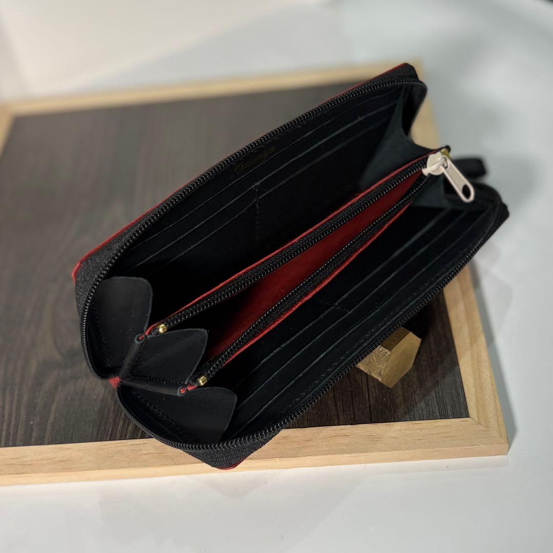 本革 ラウンドファスナー長財布 ラウンドジップ長財布 ハンドメイド 赤 黒