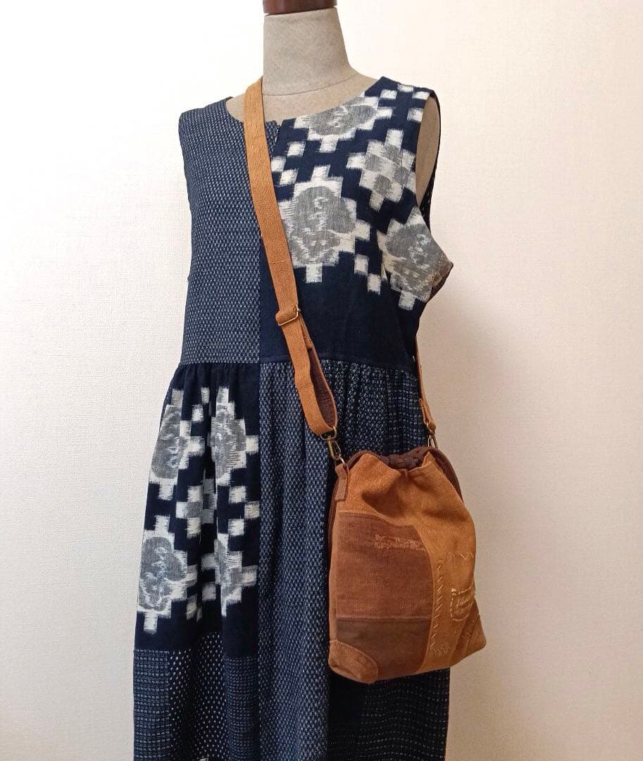 奏*花様 古布柿渋染酒袋　巾着ショルダーバッグ　1点物　ハンドメイド　アンティー