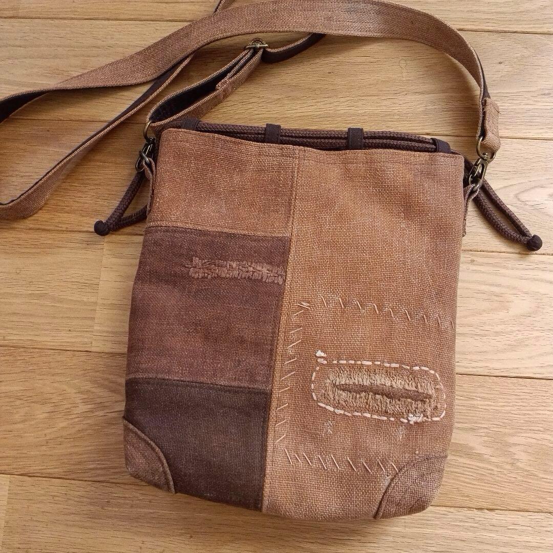 奏*花様 古布柿渋染酒袋　巾着ショルダーバッグ　1点物　ハンドメイド　アンティー