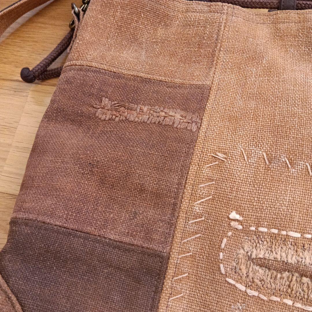 奏*花様 古布柿渋染酒袋　巾着ショルダーバッグ　1点物　ハンドメイド　アンティー