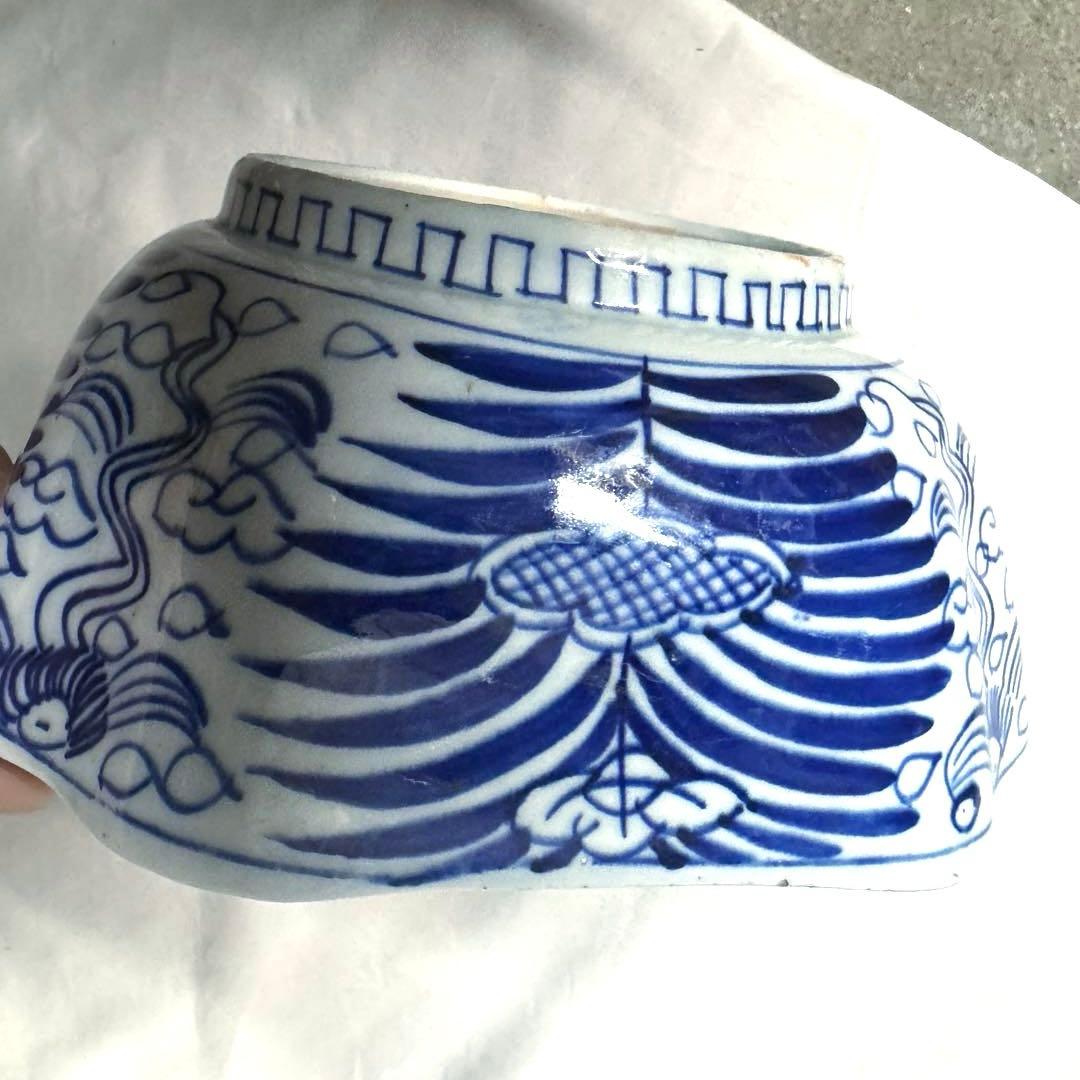 骨董皿　明治時代の染付角鉢　器　角鉢　隅切り　藍皿　デザイン皿