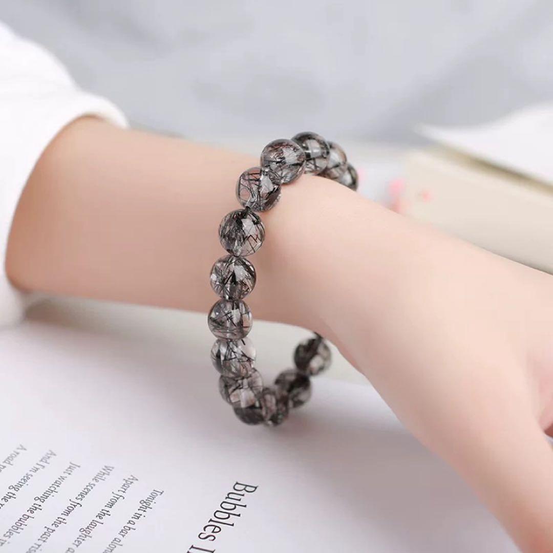 【天然保証】ブラックルチルブレスレット 9〜10mm玉 内径19cm