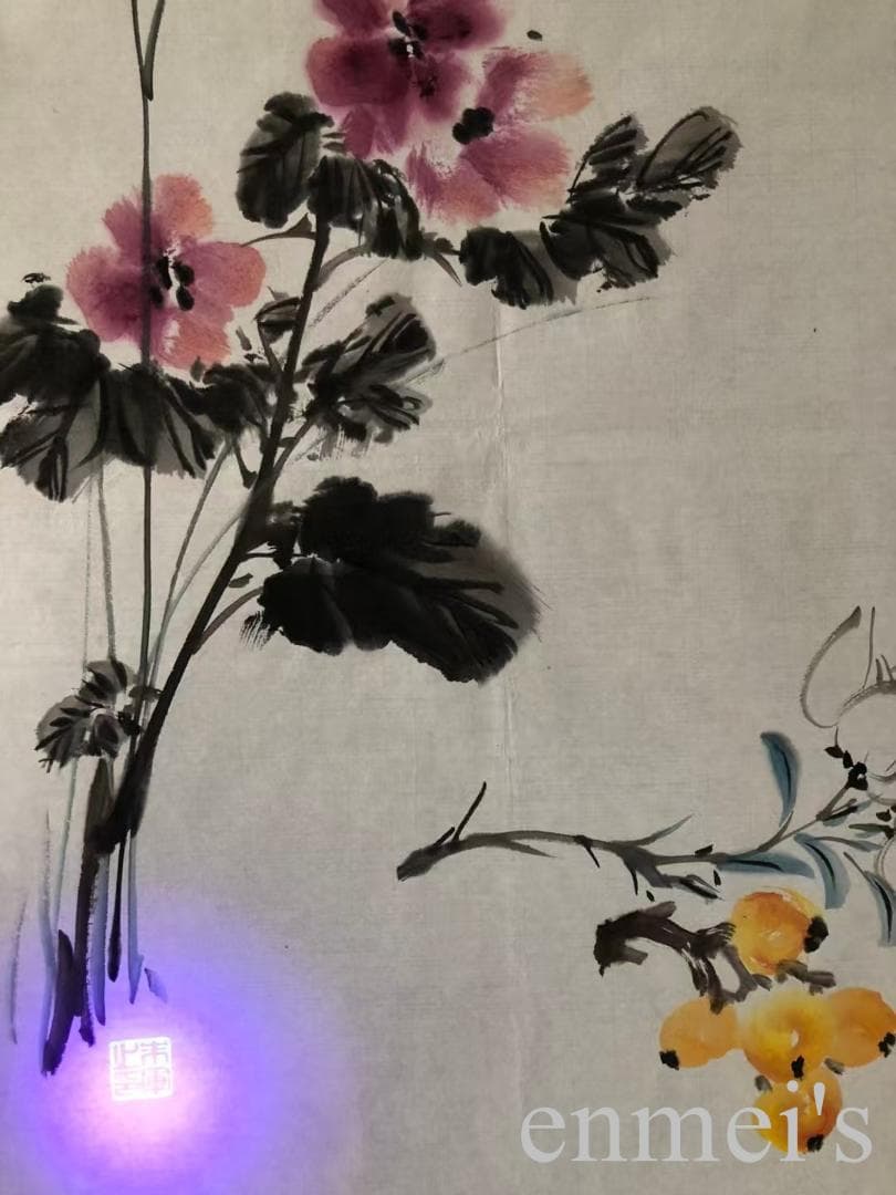 中国古美術・花卉図三尺画芯・朱軍印款・水墨彩色画・純手描き・文房・宣紙・带水印