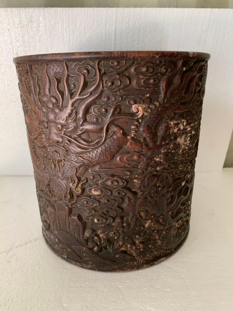 紫檀木彫刻 龍紋筆筒 （検） 清代 唐物 中国美術 骨董 古玩