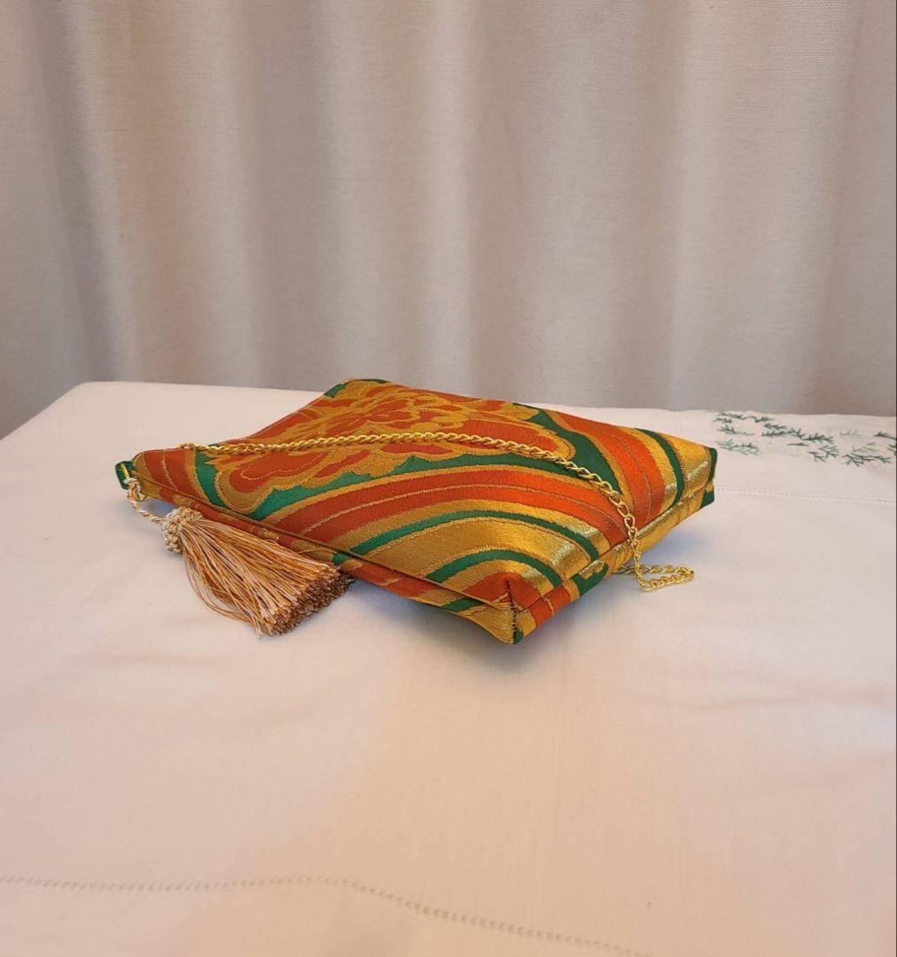 和風花模様、シルク着物帯の2waysスマホショルダーバッグ、 ハンドバッグ