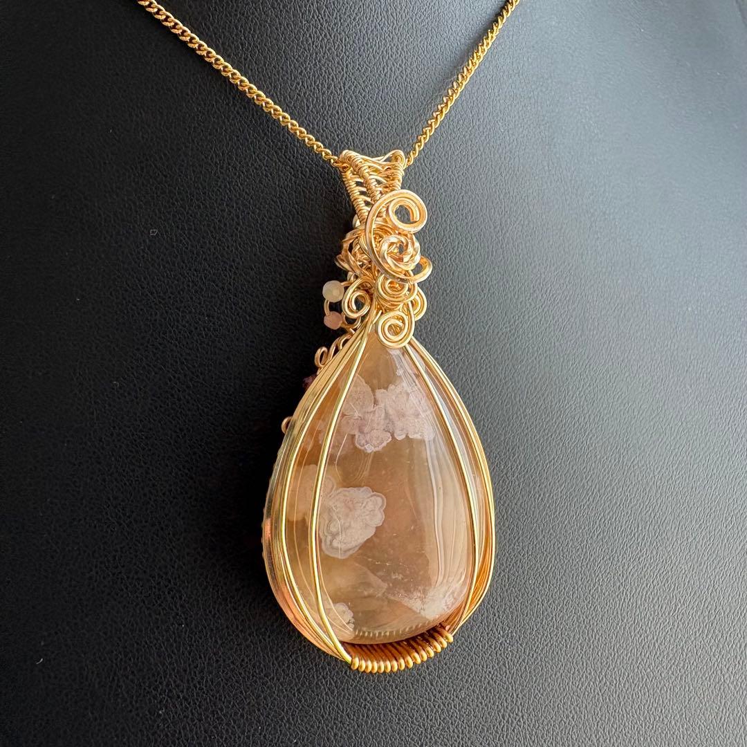 桜めのう チェリーブロッサムアゲート ペンダントトップ ワイヤーアート