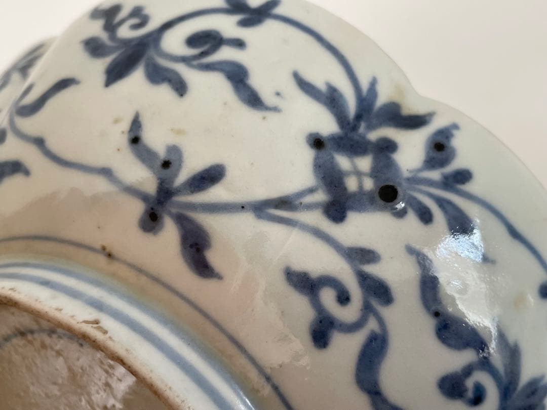 骨董　アンティーク　古伊万里　染付　牡丹　輪花縁　膾皿　なます皿　2枚