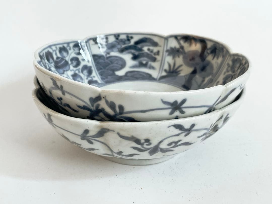 骨董　アンティーク　古伊万里　染付　牡丹　輪花縁　膾皿　なます皿　2枚