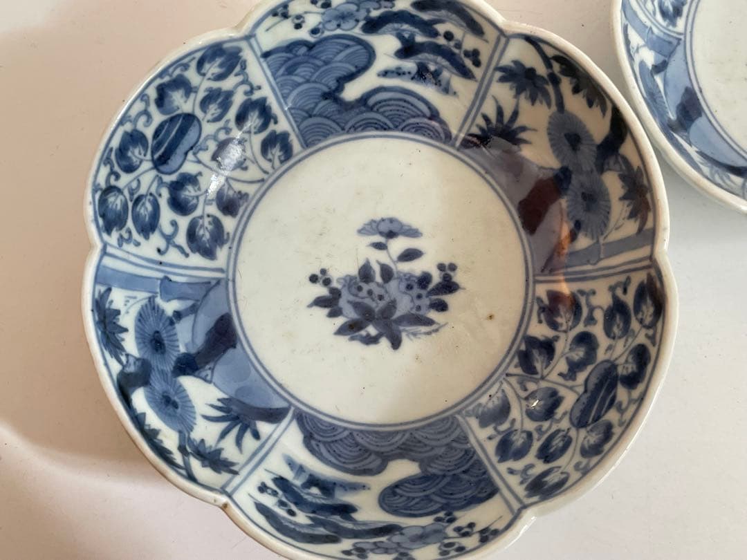 骨董　アンティーク　古伊万里　染付　牡丹　輪花縁　膾皿　なます皿　2枚