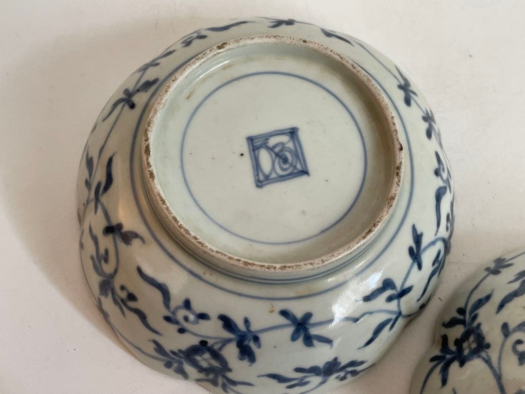 骨董　アンティーク　古伊万里　染付　牡丹　輪花縁　膾皿　なます皿　2枚