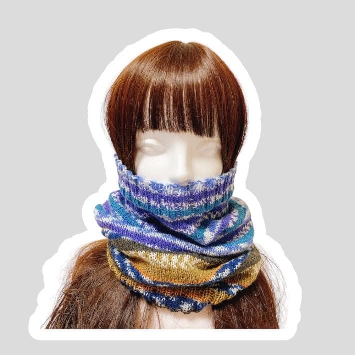 腹巻帽子　ブルーブラウン　手編み　ニット帽　男女兼用　チクチクしない　79