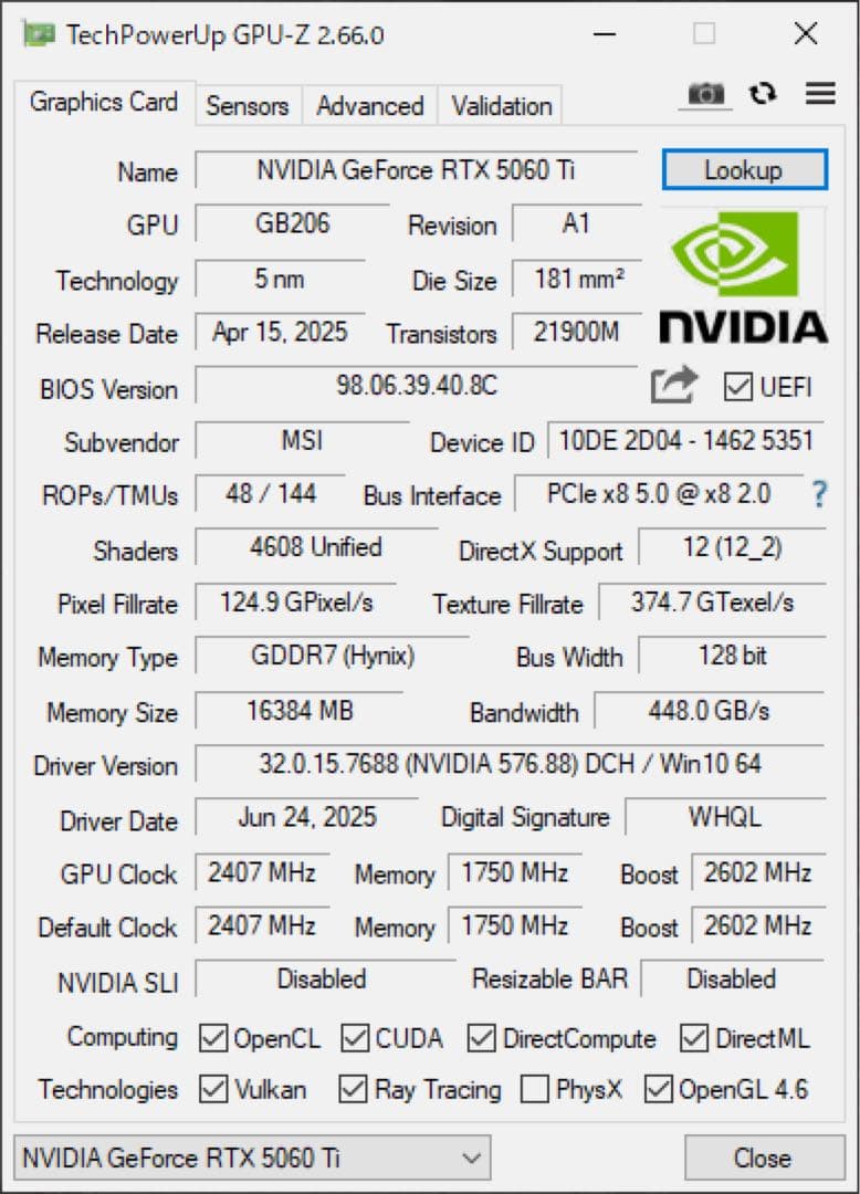 グラフィックボード・グラボ・ビデオカード MSI GeForce RTX 5060 Ti 16G VENTUS 2X OC