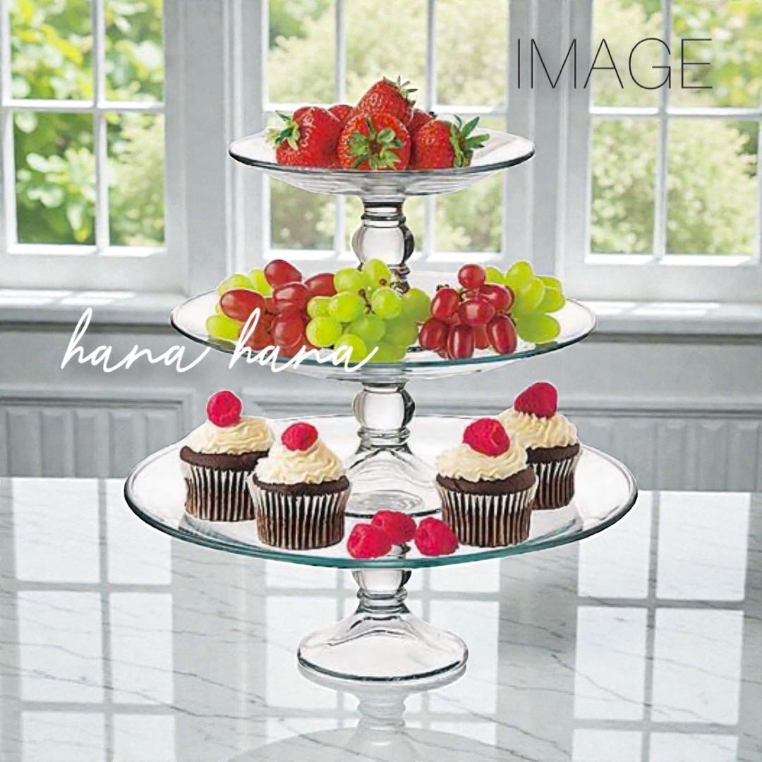 大型 ガラス プレート スタンド 3個 クリア 透明 パーティー デザート 皿