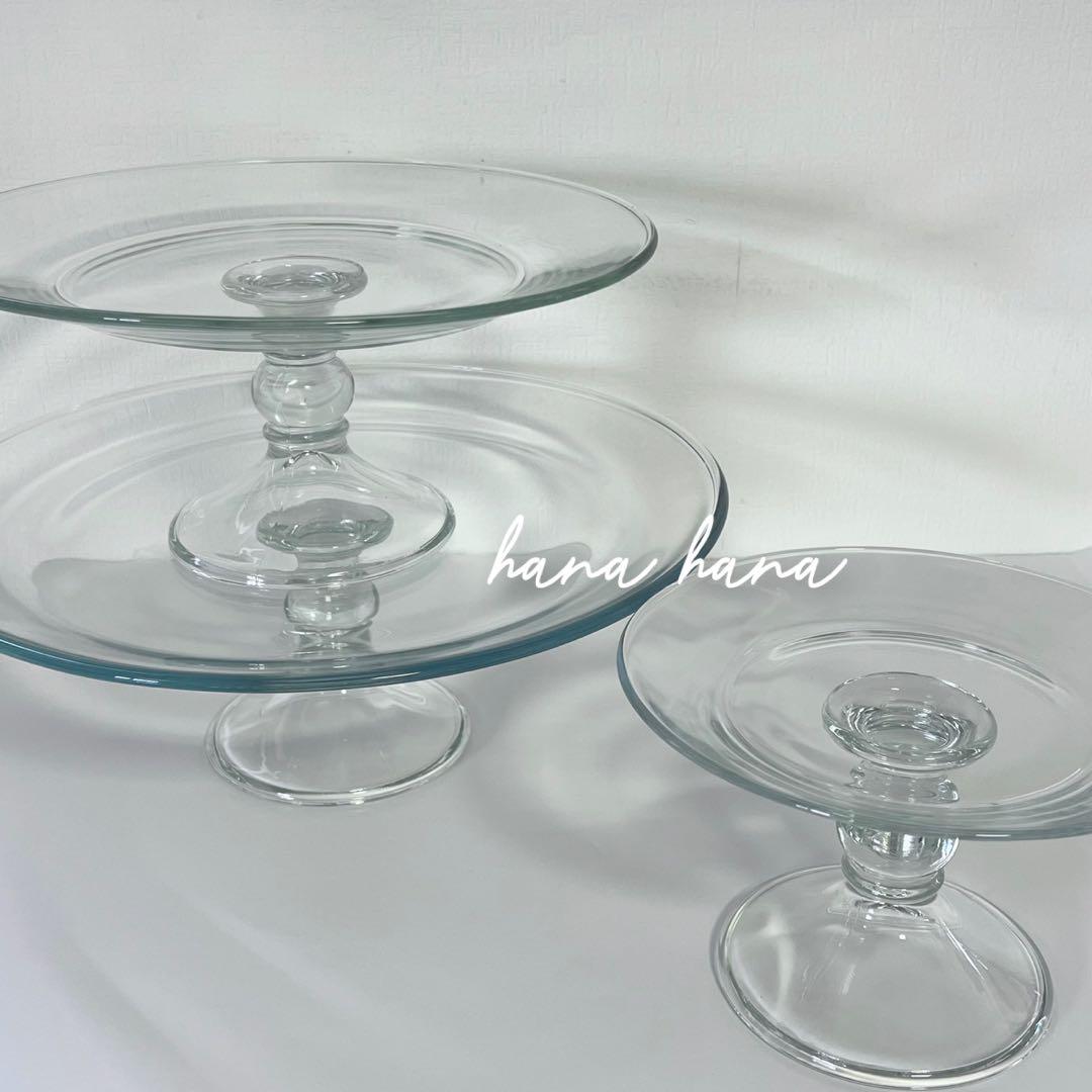 大型 ガラス プレート スタンド 3個 クリア 透明 パーティー デザート 皿