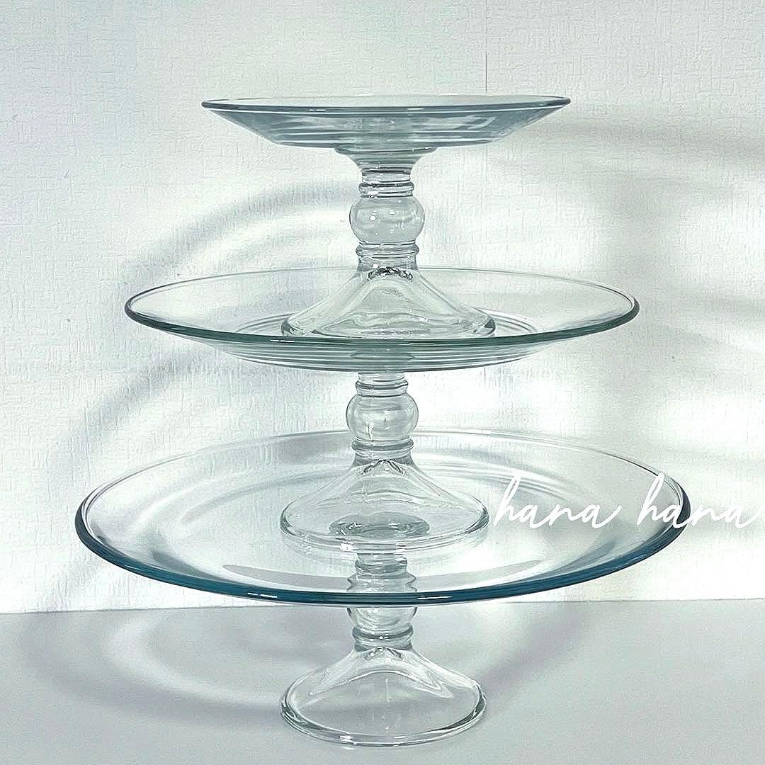 大型 ガラス プレート スタンド 3個 クリア 透明 パーティー デザート 皿