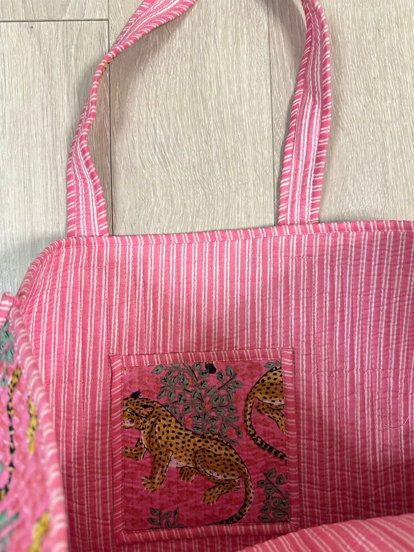 【希少】虎　ハンドブロックプリント　特大トートバック　ピンクカラーANOKHI風