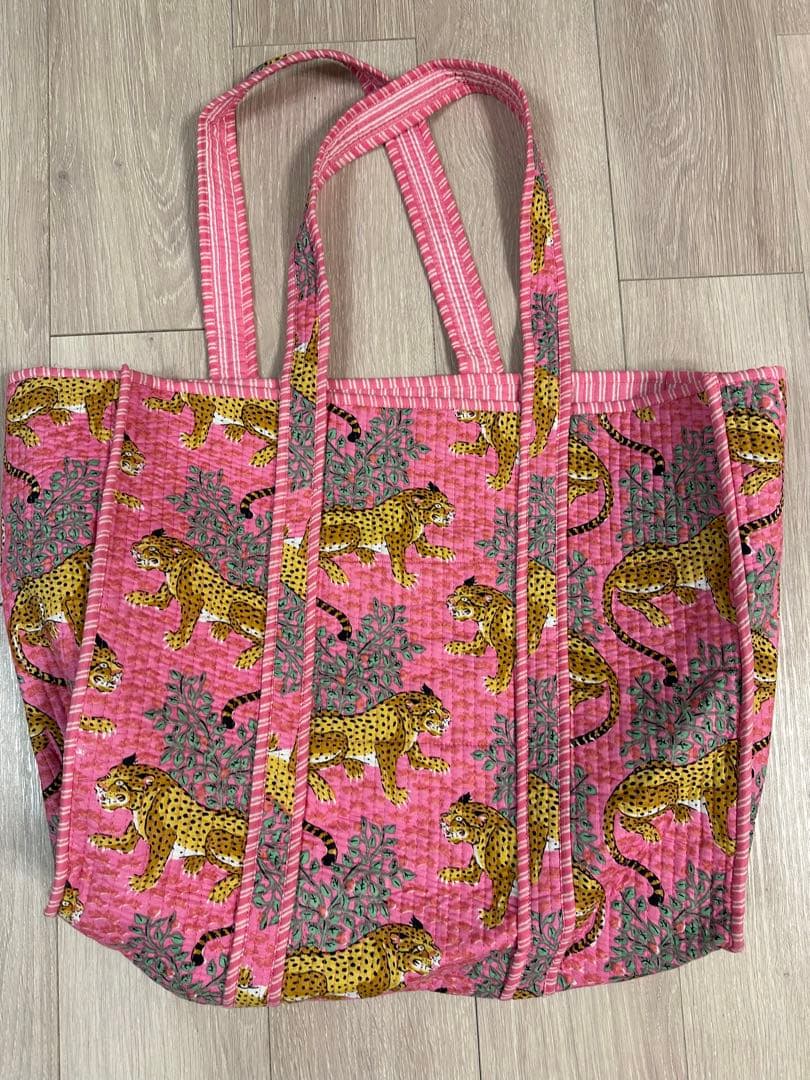 【希少】虎　ハンドブロックプリント　特大トートバック　ピンクカラーANOKHI風
